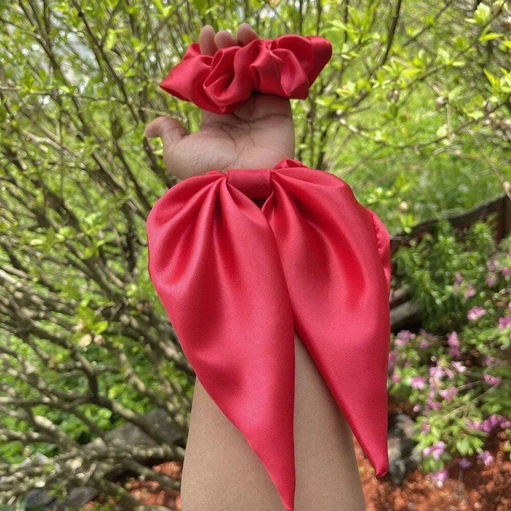 2 New Women Hair Satin Scrunchie Hair Tie Red